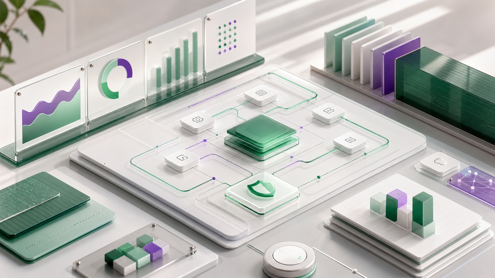 Abstract strategic technology workspace showing delivery planning, governance, secure workflows, and operational decision signals.
