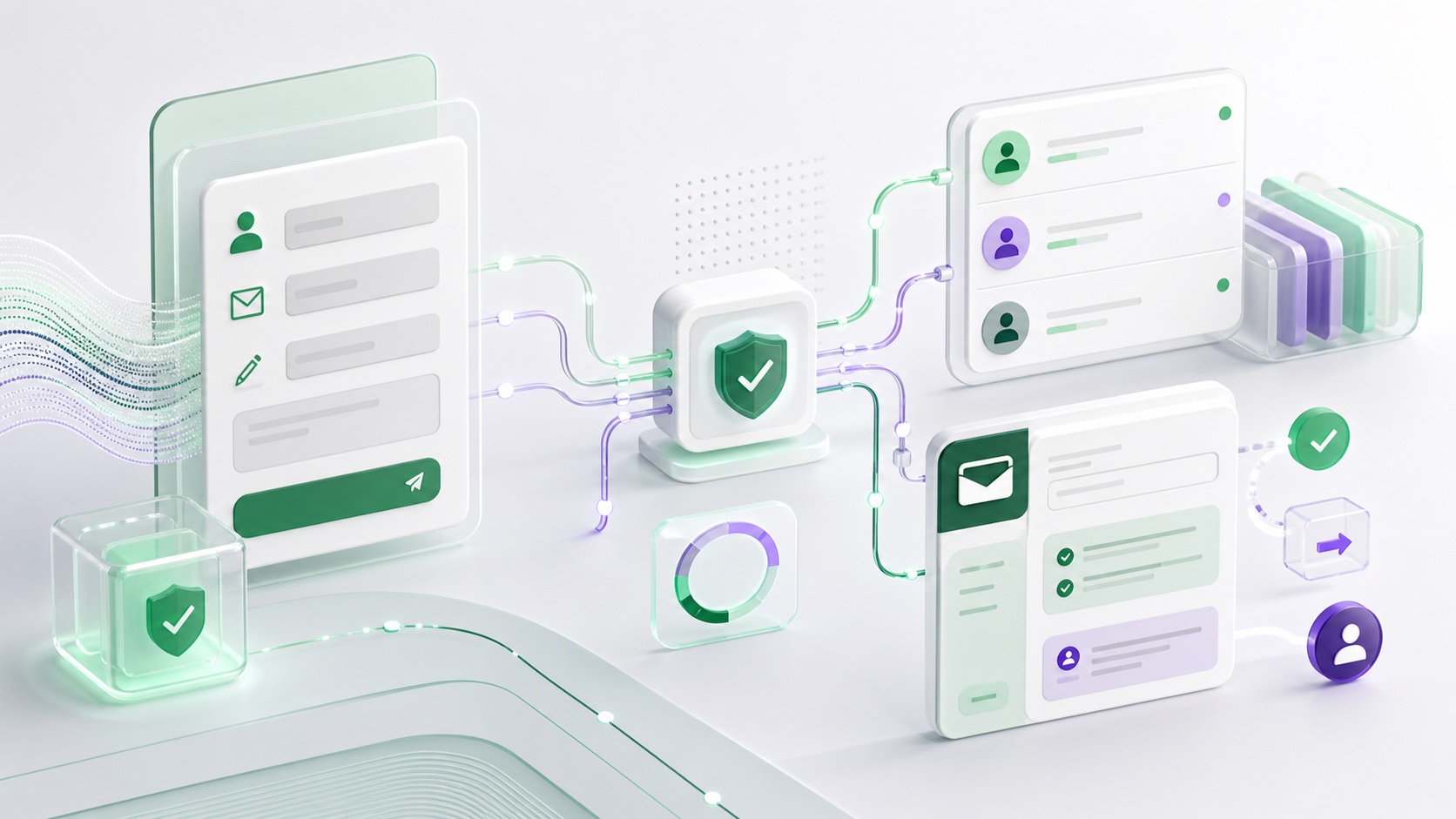 Abstract secure enquiry intake workflow showing contact cards, review routing, validation, and response signals.