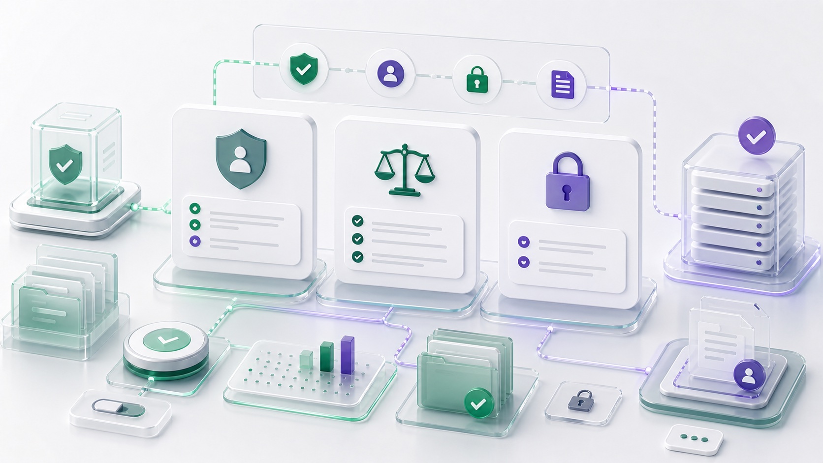 Abstract compliance workspace showing privacy documents, secure records, consent controls, and governance checkpoints.