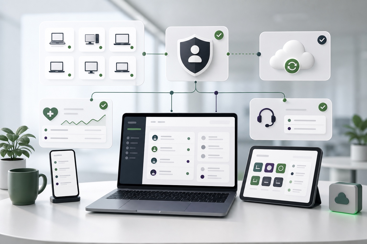 Managed IT operations scene with devices, identity controls, backup cloud, endpoint health, and support routing.