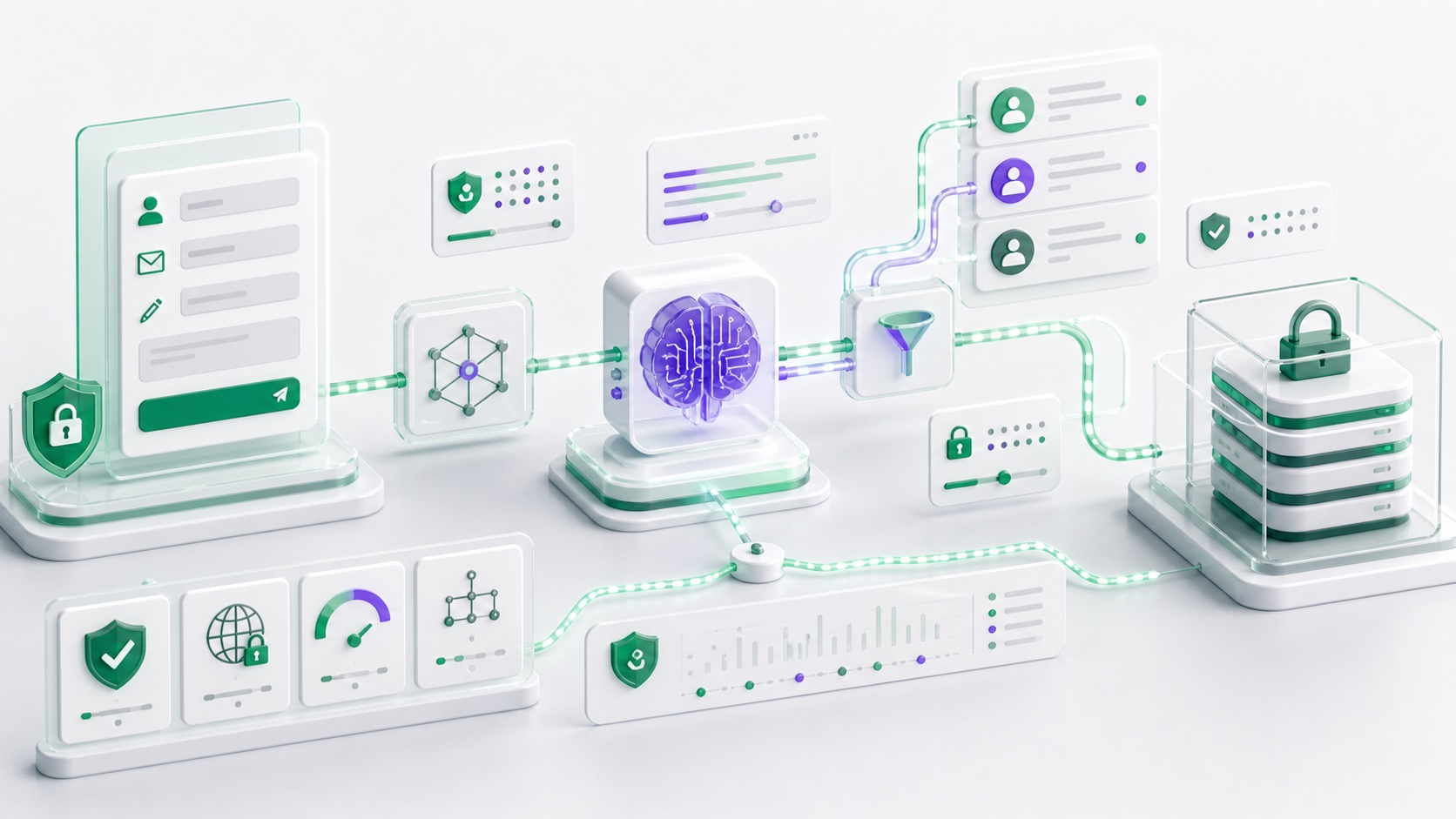 Abstract secure data workflow showing protected enquiry intake, AI-assisted triage, access controls, storage, and response routing.
