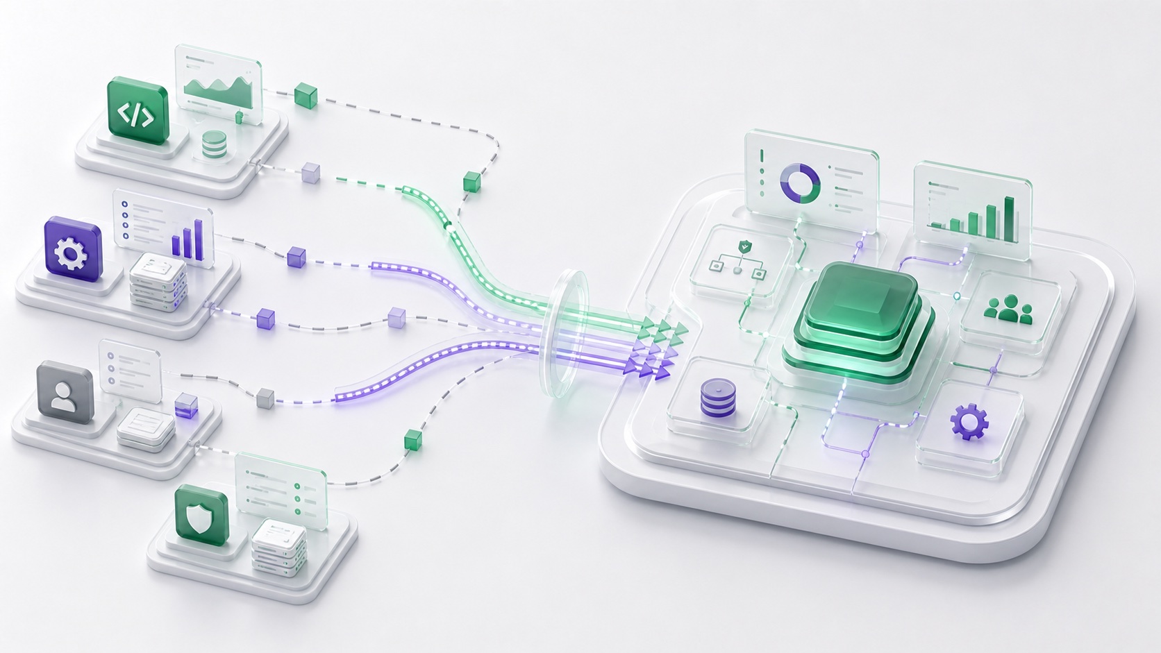 Abstract supplier bridge showing separate software, IT, and consultancy paths converging into one accountable delivery platform.